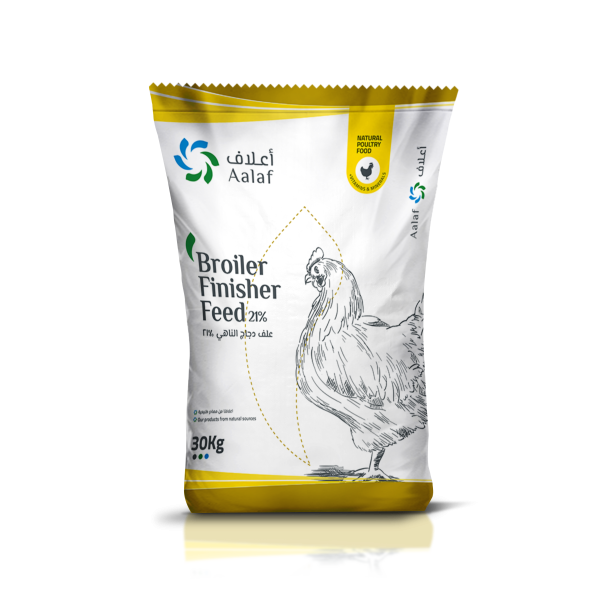 21% protein broiler finisher feed optimized to improve growth rate, carcass yield, and feed conversion in the final production stage — علف إنهاء للدواجن اللاحمة بنسبة بروتين 21٪ مُحسّن لرفع معدل النمو، وزيادة نسبة التصافي، وتحسين كفاءة التحويل العلفي في المرحلة الإنتاجية الأخيرة